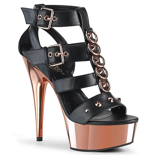 DELIGHT-658 Black Faux Leather/Rose Gold Chrome Platform Sandal Pleaser
