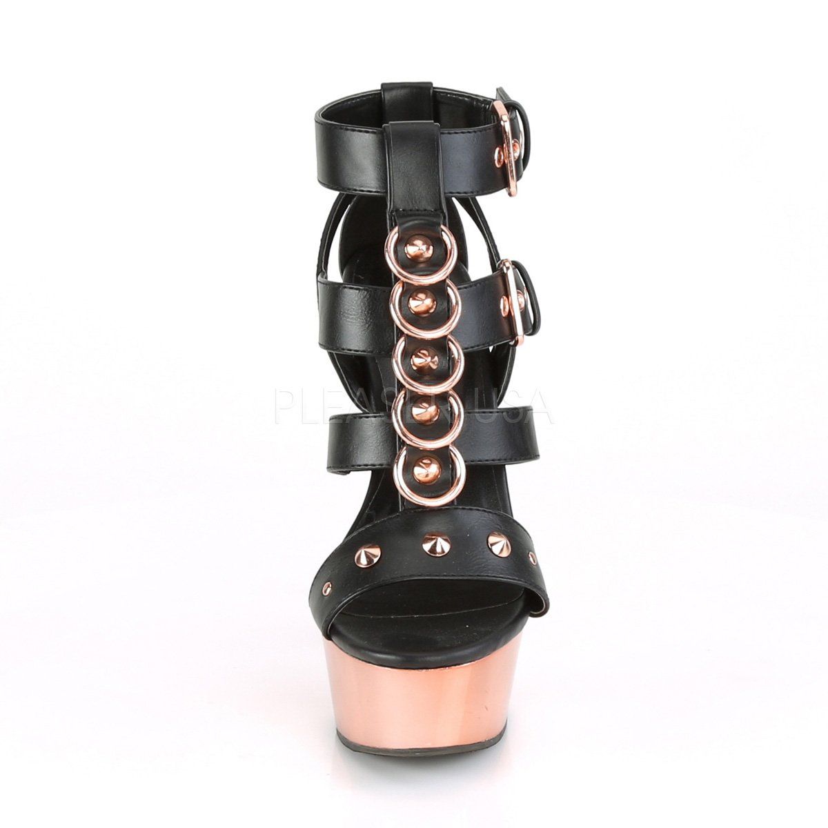 DELIGHT-658 Black Faux Leather/Rose Gold Chrome Platform Sandal Pleaser