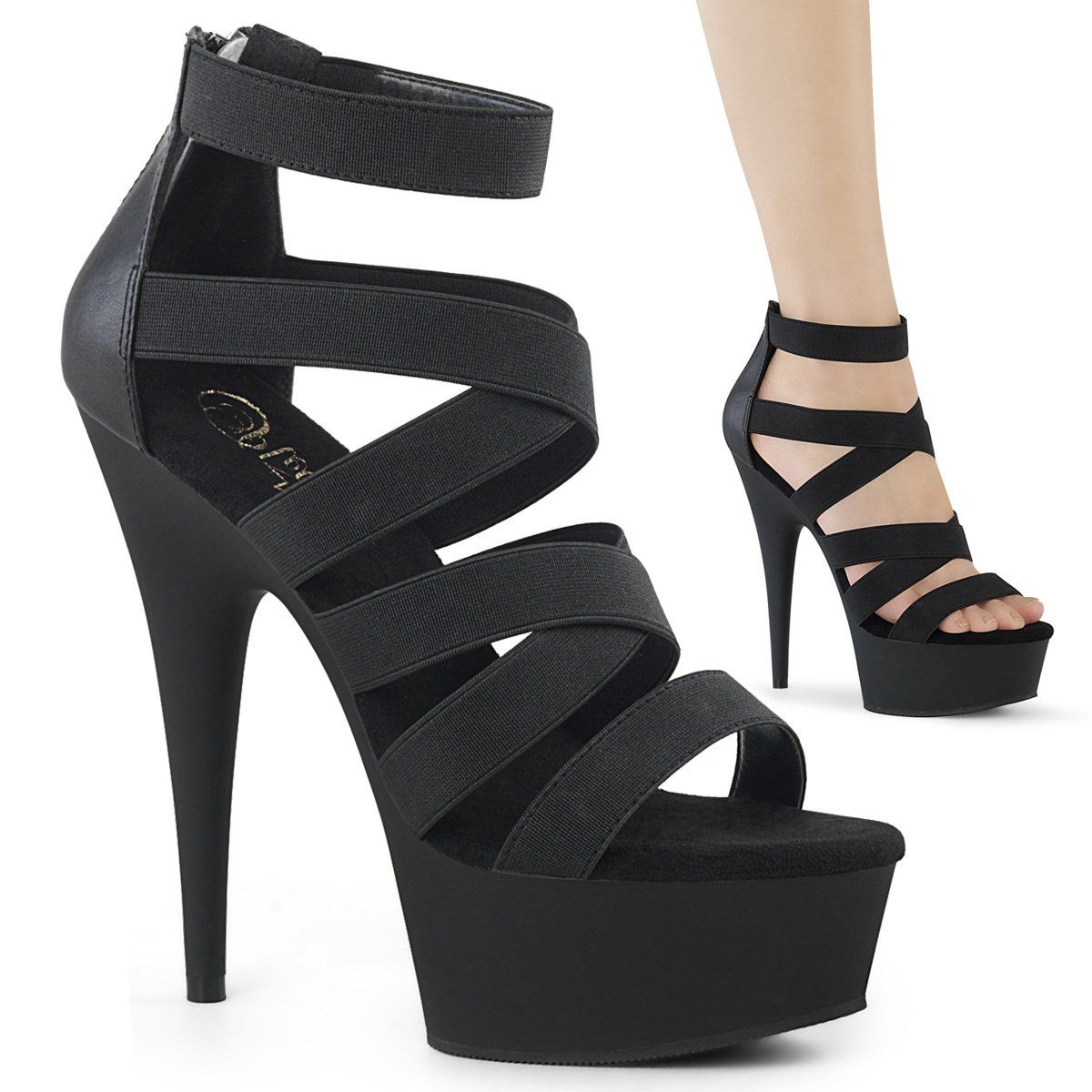 DELIGHT-659 Black Elastic Band-Faux Leather Platform Sandal Pleaser