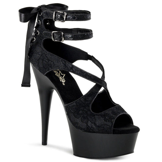 DELIGHT-678LC Black Satin-Lace Platform Sandal Pleaser