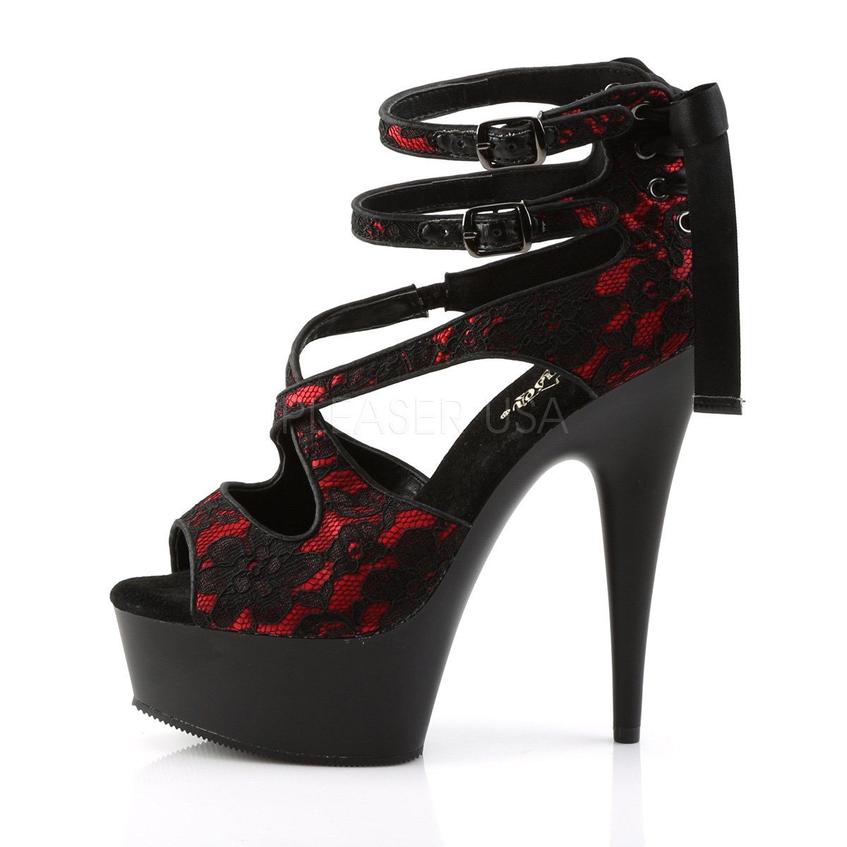 DELIGHT-678LC Red Satin-Lace Platform Sandal Pleaser