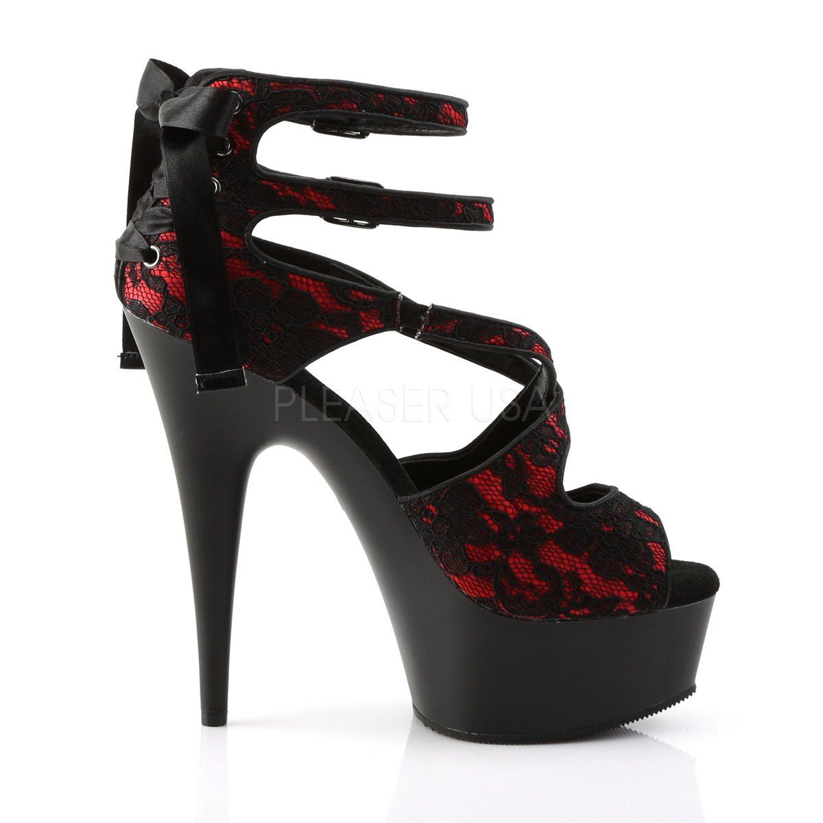 DELIGHT-678LC Red Satin-Lace Platform Sandal Pleaser