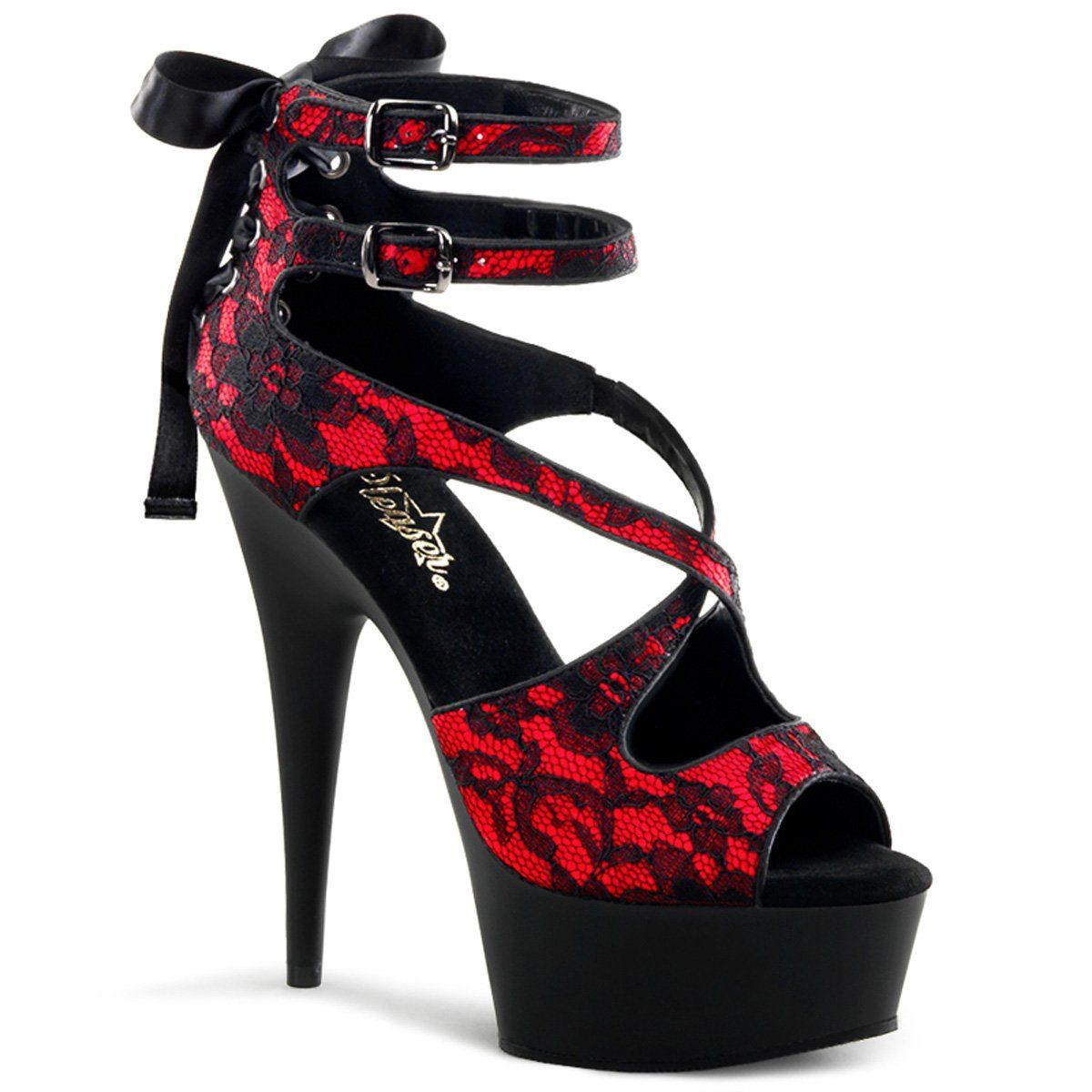 DELIGHT-678LC Red Satin-Lace Platform Sandal Pleaser