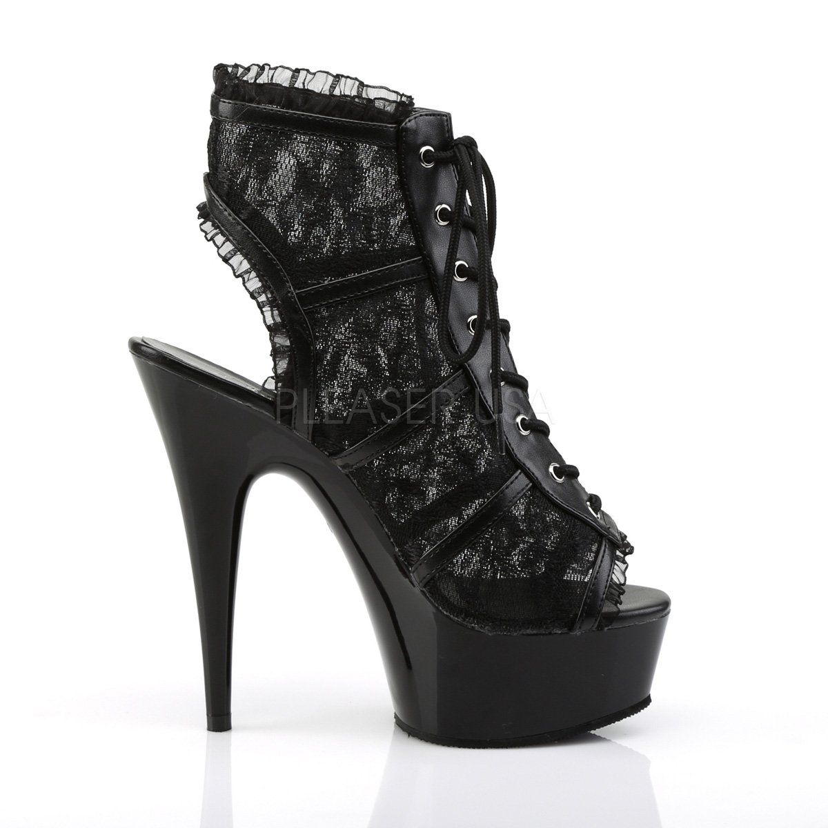 DELIGHT-696LC Black Mesh-Lace/Black Boot Pleaser