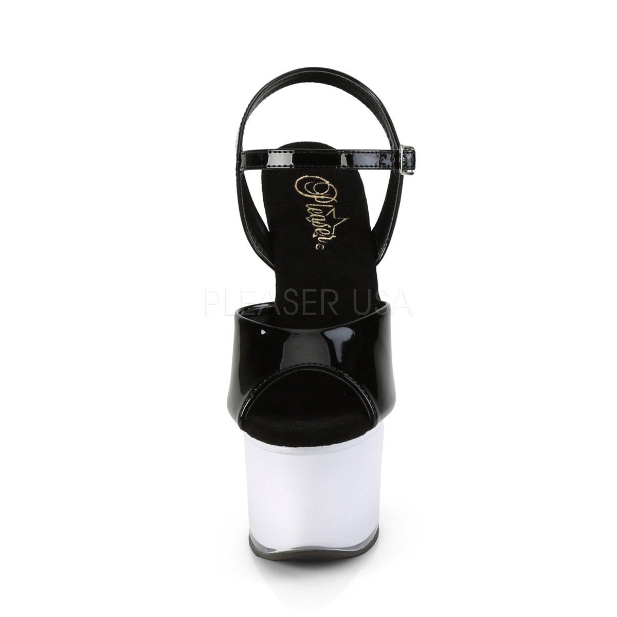 DISCOLITE-709 Black Patent/White Glow Platform Sandal Pleaser