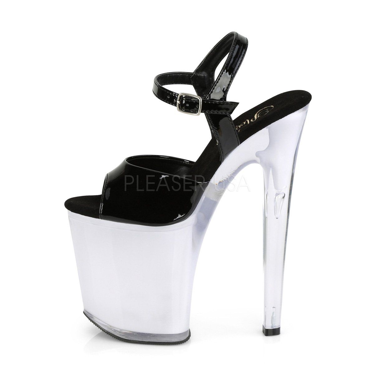 DISCOLITE-809 Black Patent/White Glow Platform Sandal Pleaser