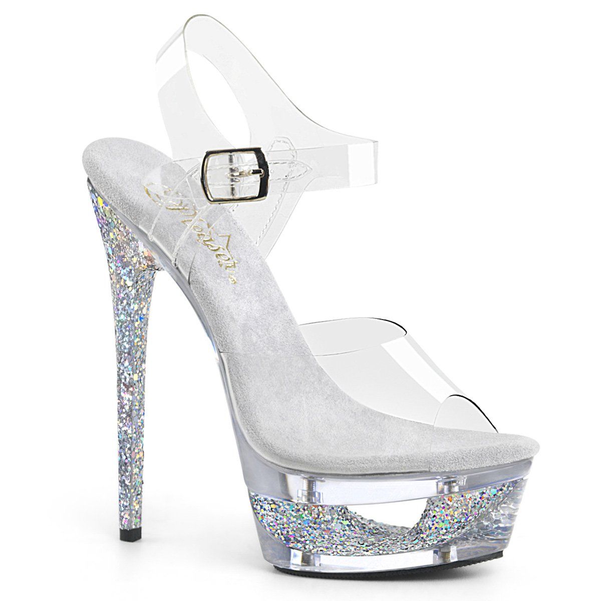 ECLIPSE-608GT Clear/Silver Multi Glitter-Clear Platform Sandal Pleaser
