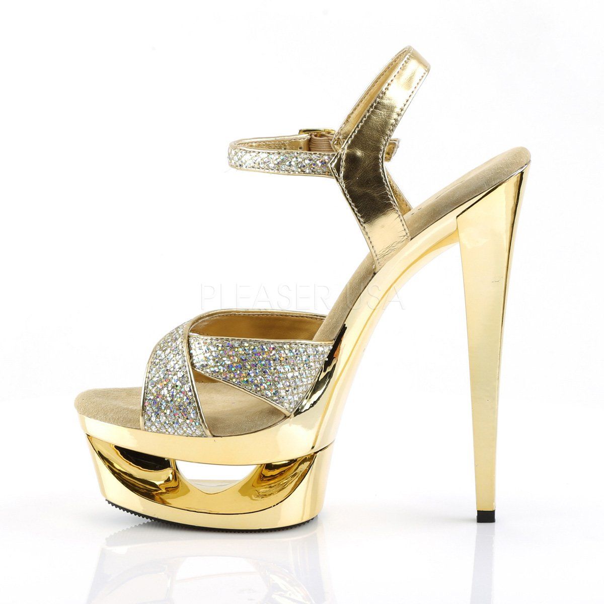 ECLIPSE-619G Gold Multi Glitter/Gold Chrome Platform Sandal Pleaser