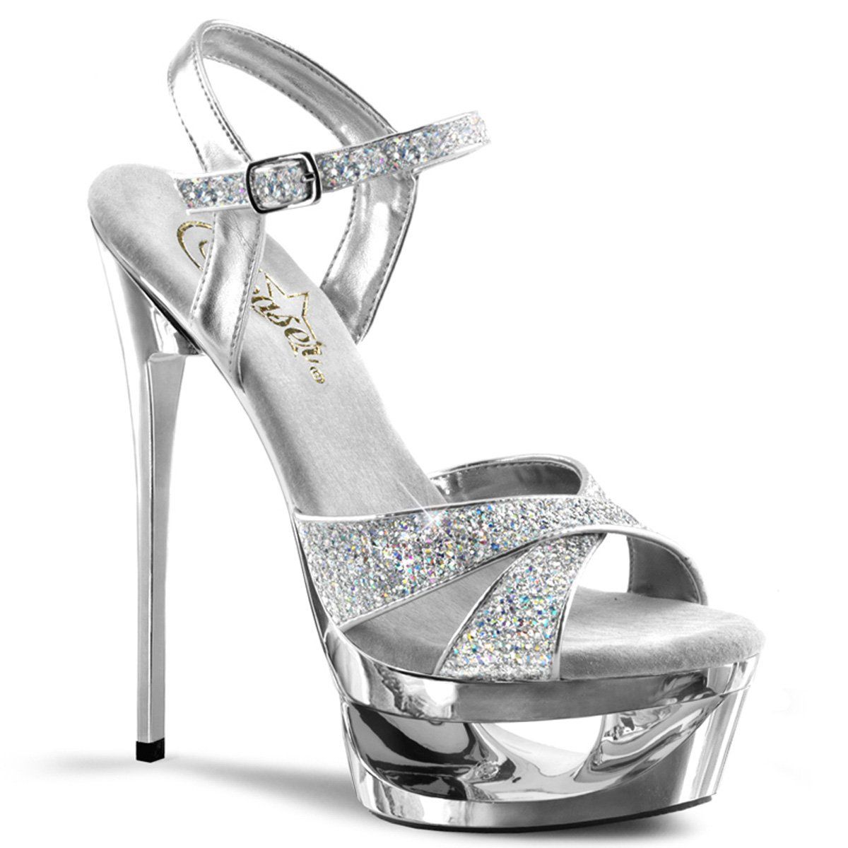 ECLIPSE-619G Silver Multi Glitter/Silver Chrome Platform Sandal Pleaser