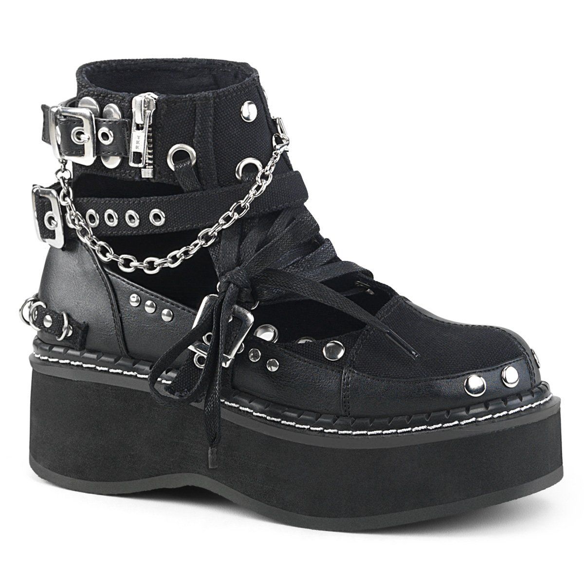EMILY-317 Black Canvas-Vegan Leather Ankle Boot Demonia