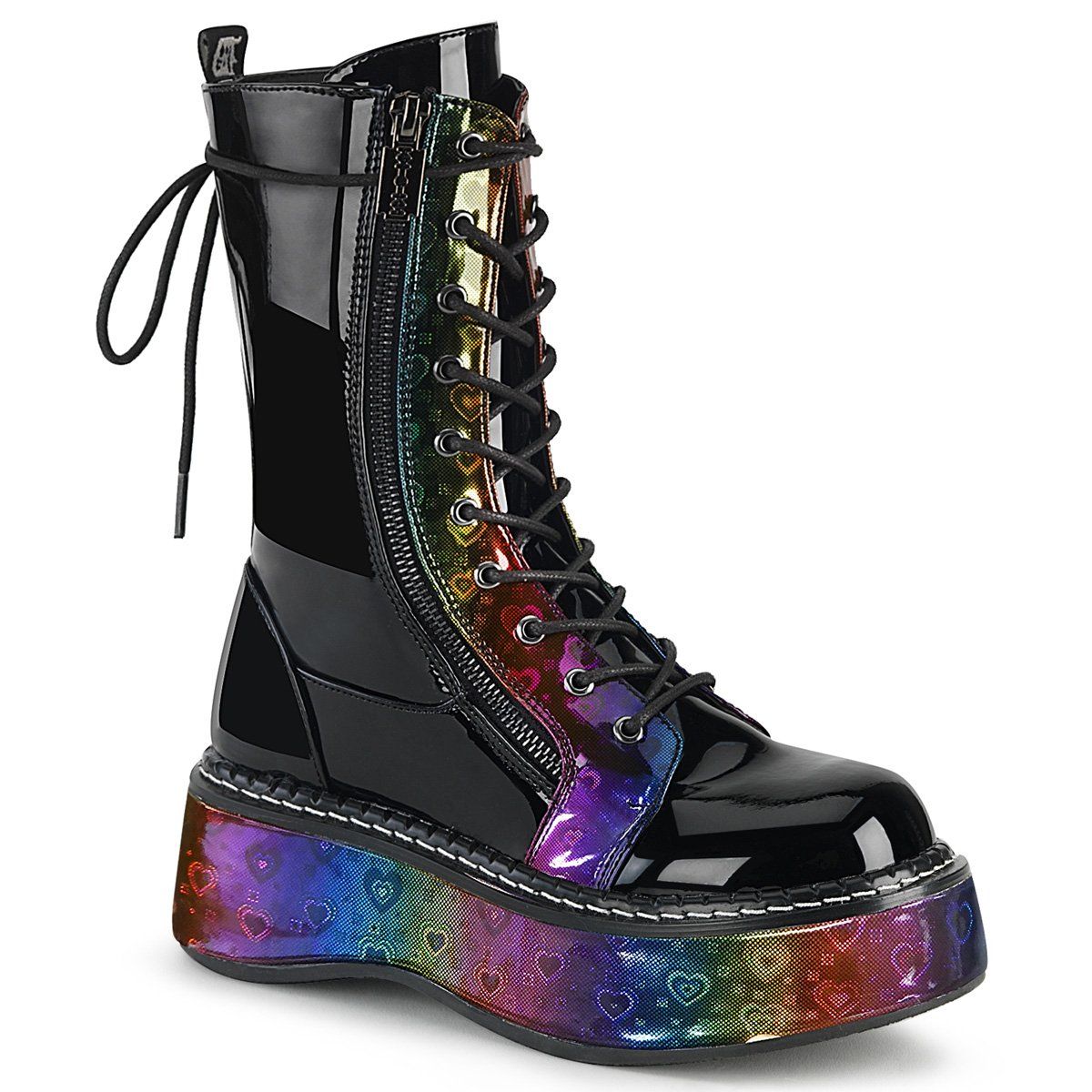 EMILY-350 Black Patent-Rainbow Hologram w/ Hearts Boot Demonia