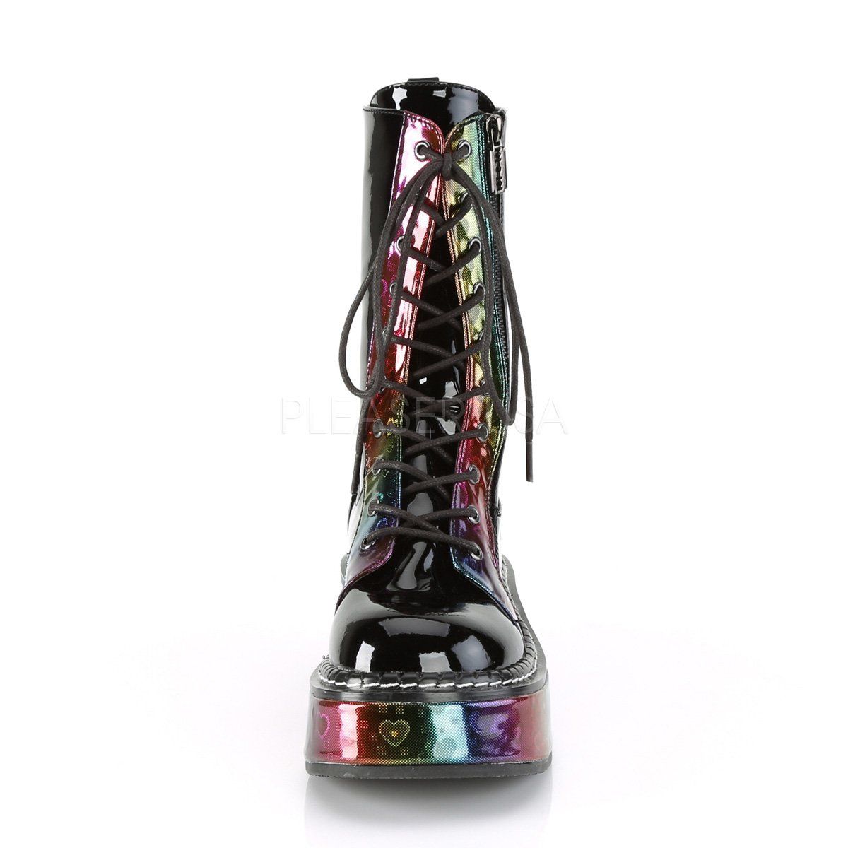 EMILY-350 Black Patent-Rainbow Hologram w/ Hearts Boot Demonia