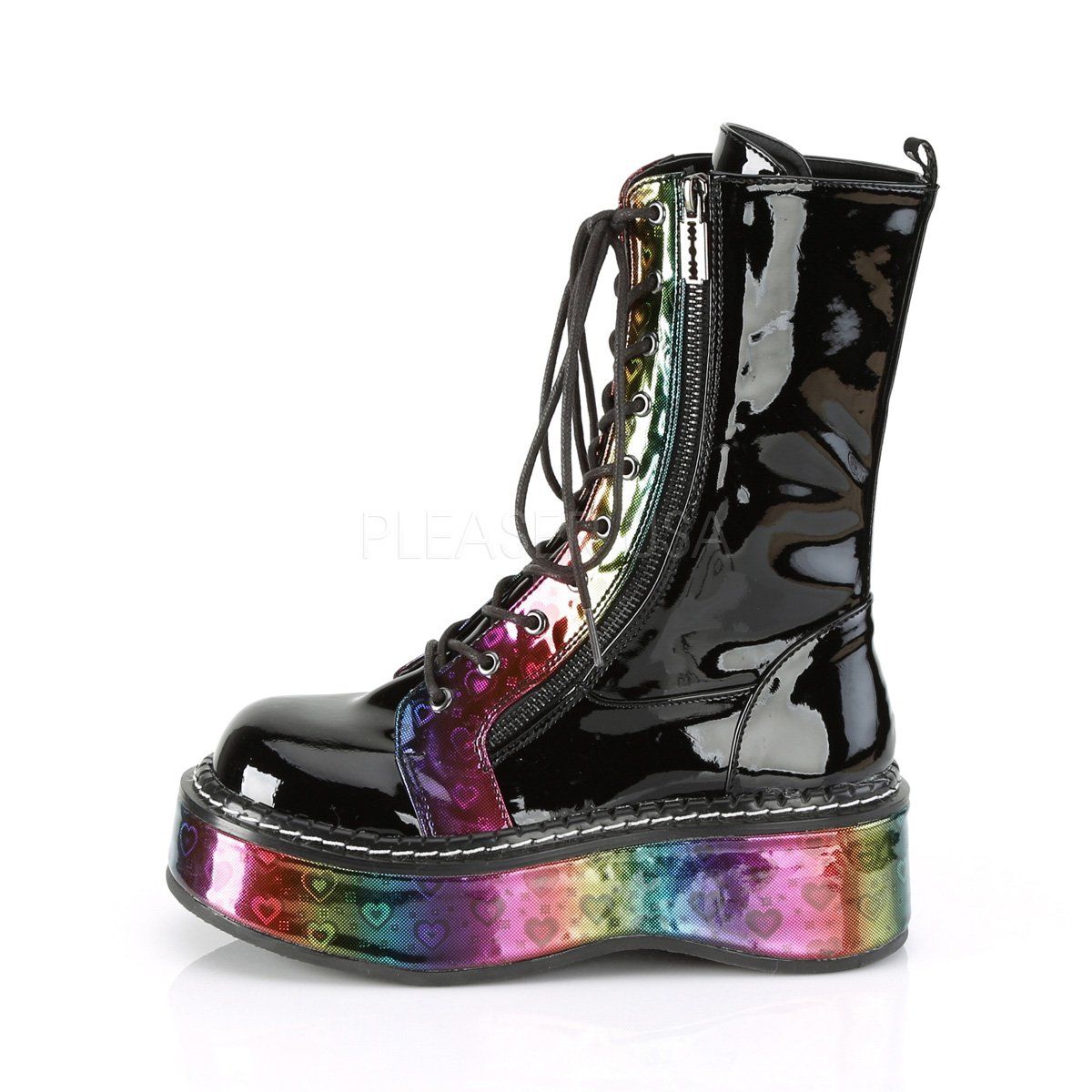 EMILY-350 Black Patent-Rainbow Hologram w/ Hearts Boot Demonia
