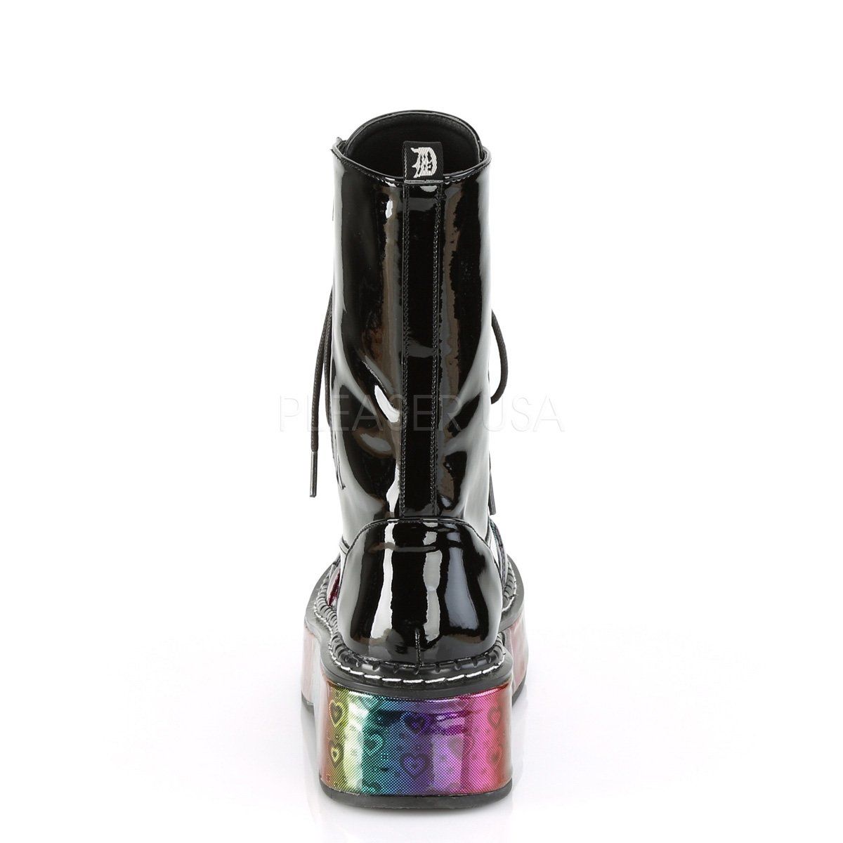 EMILY-350 Black Patent-Rainbow Hologram w/ Hearts Boot Demonia