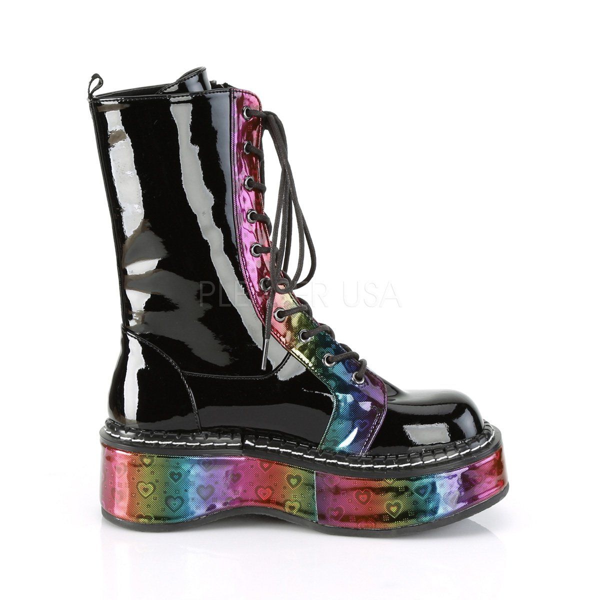 EMILY-350 Black Patent-Rainbow Hologram w/ Hearts Boot Demonia
