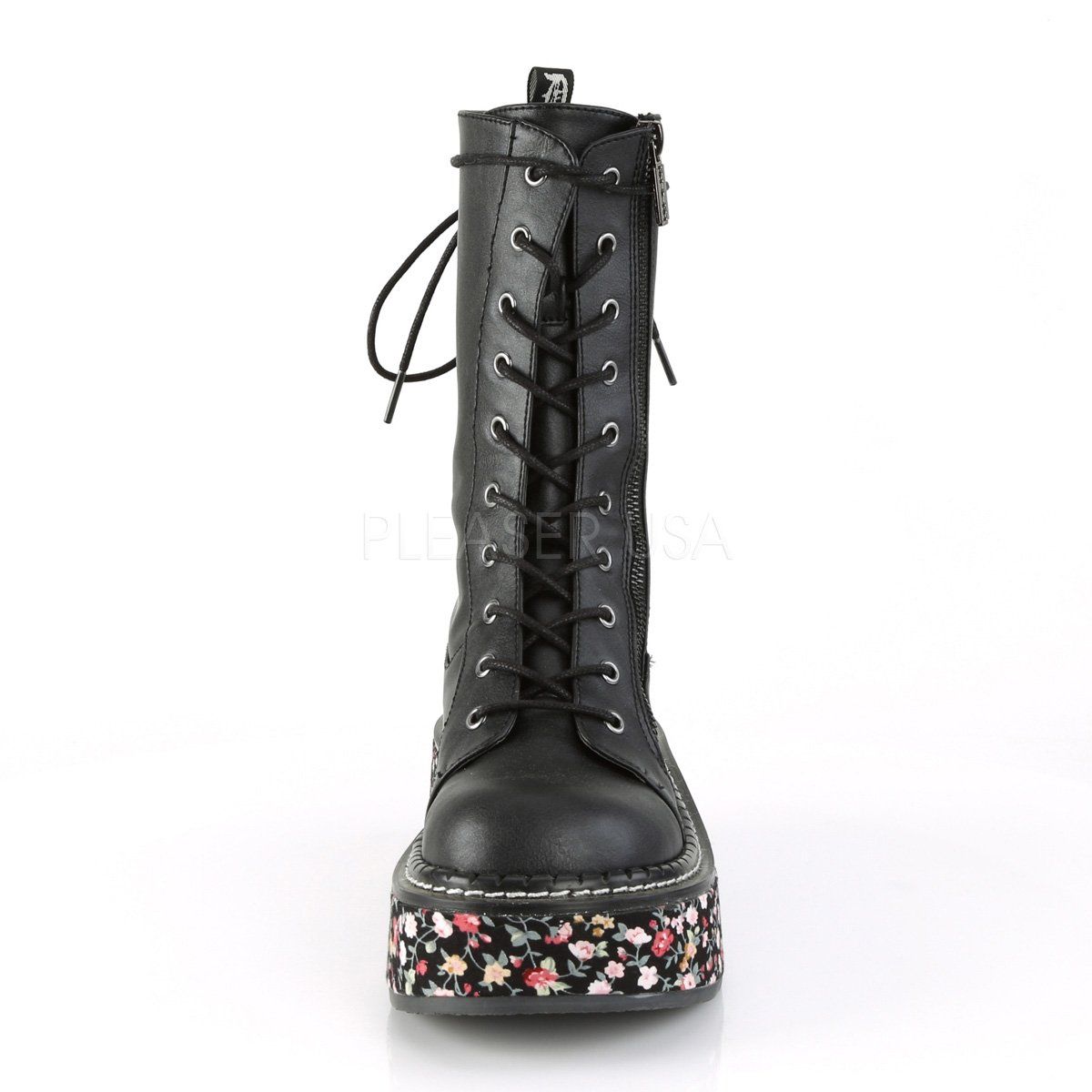 EMILY-350 Black Vegan Leather-Floral Fabric Lace-Up Boot Demonia