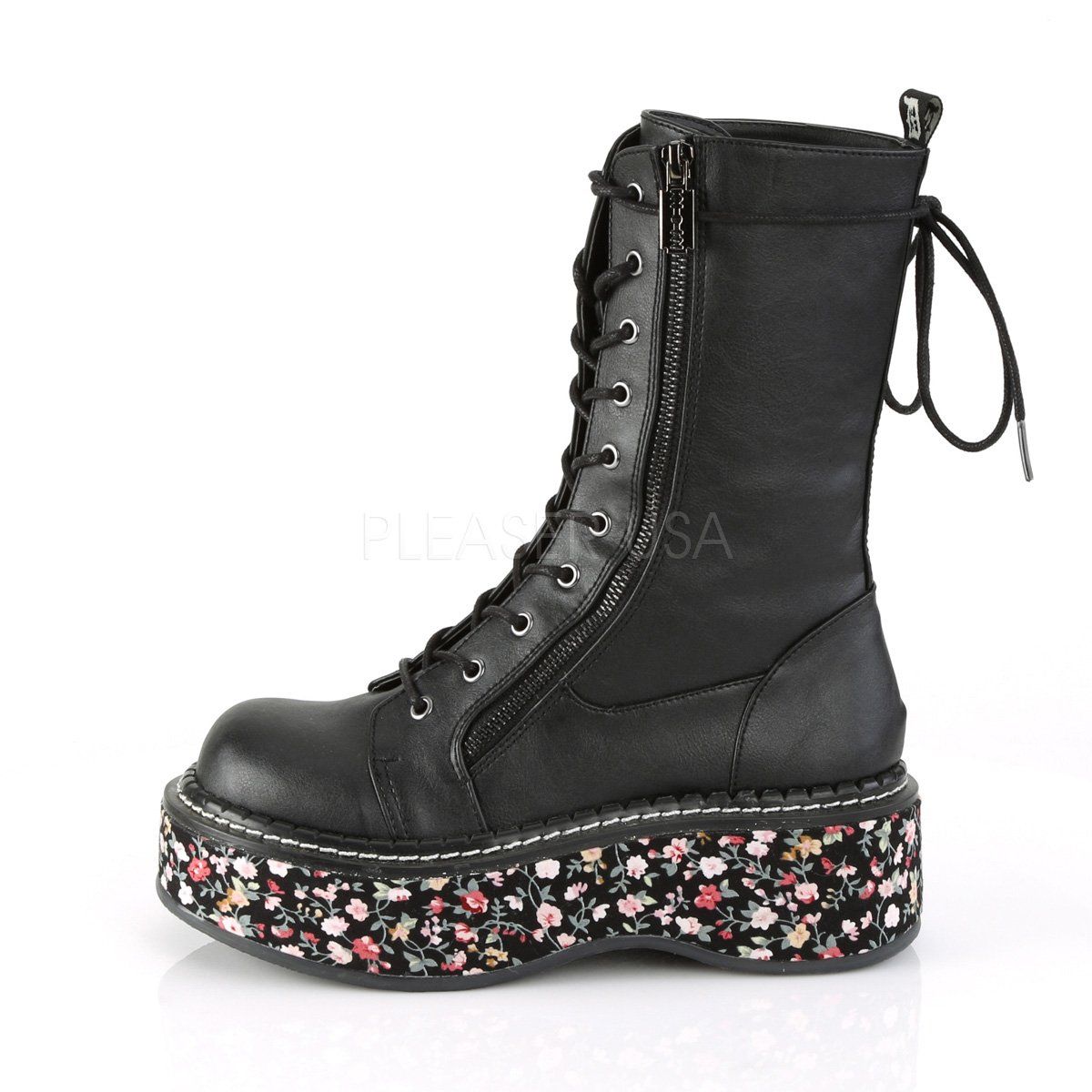 EMILY-350 Black Vegan Leather-Floral Fabric Lace-Up Boot Demonia
