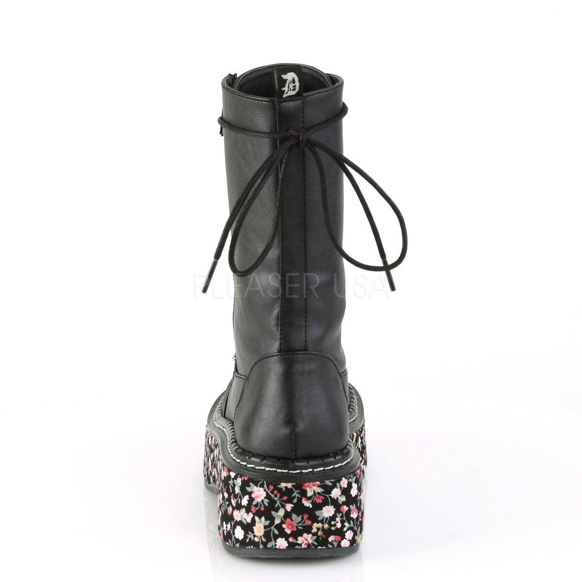 EMILY-350 Black Vegan Leather-Floral Fabric Lace-Up Boot Demonia