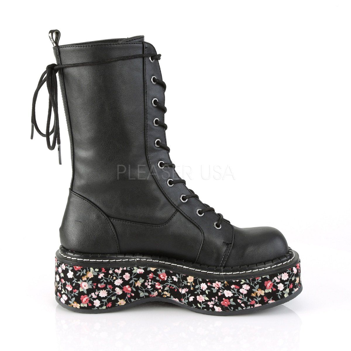 EMILY-350 Black Vegan Leather-Floral Fabric Lace-Up Boot Demonia