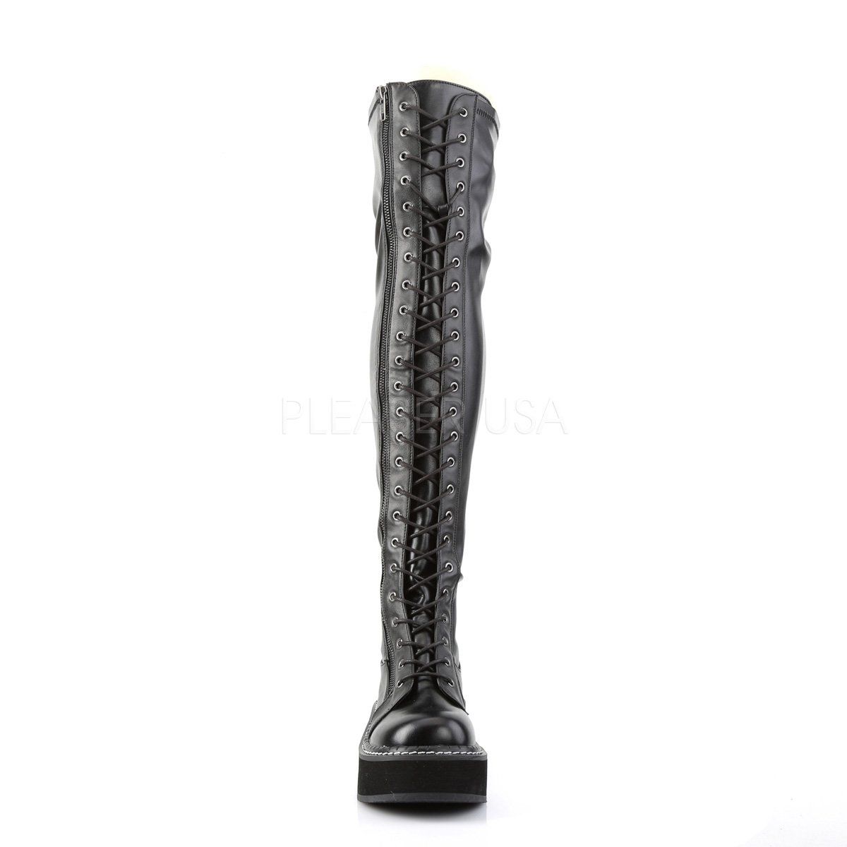 EMILY-375 Black Stretch Vegan Leather Thigh Boot Demonia