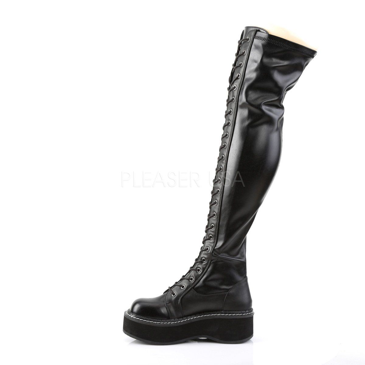 EMILY-375 Black Stretch Vegan Leather Thigh Boot Demonia