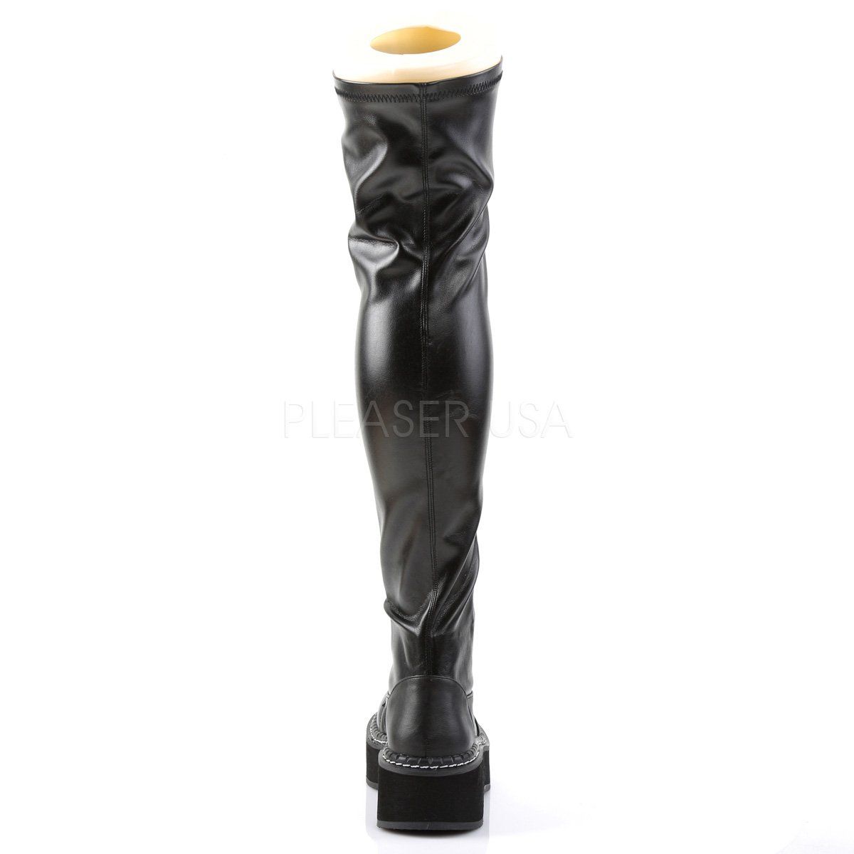 EMILY-375 Black Stretch Vegan Leather Thigh Boot Demonia