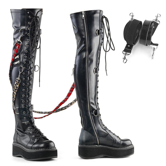 EMILY-377 Black StretchVegan Leather Lace-Up Boot Demonia