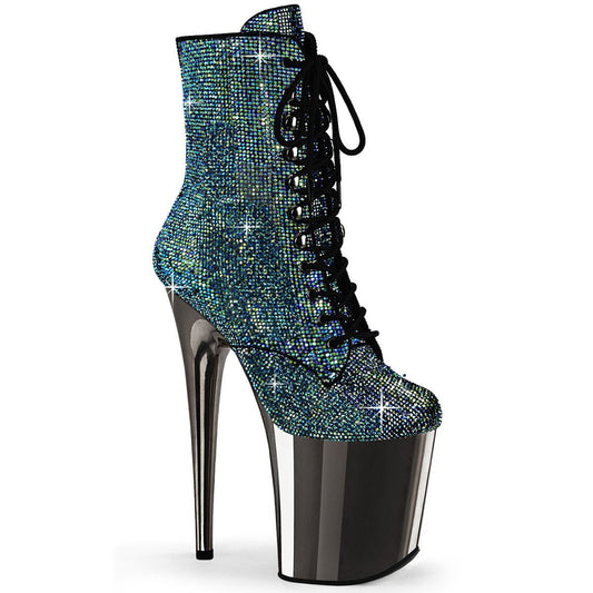 FLAMINGO-1020CHRS Turquoise Multi Rhinestone/Pewter Chrome Ankle Boot Pleaser