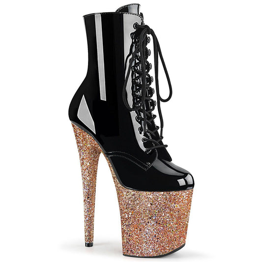 FLAMINGO-1020LG Black Patent/Rose Gold Glitter Ankle Boot Pleaser