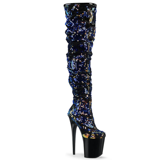FLAMINGO-3004 Blue Iridescent Sequins/Black Thigh Boot Pleaser