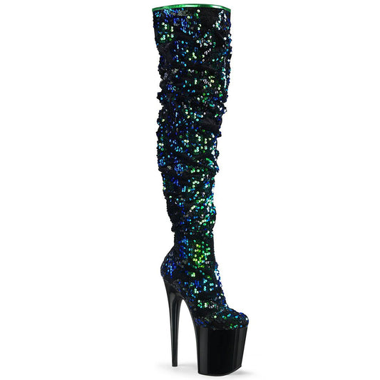 FLAMINGO-3004 Green Iridescent Sequins/Black Thigh Boot Pleaser