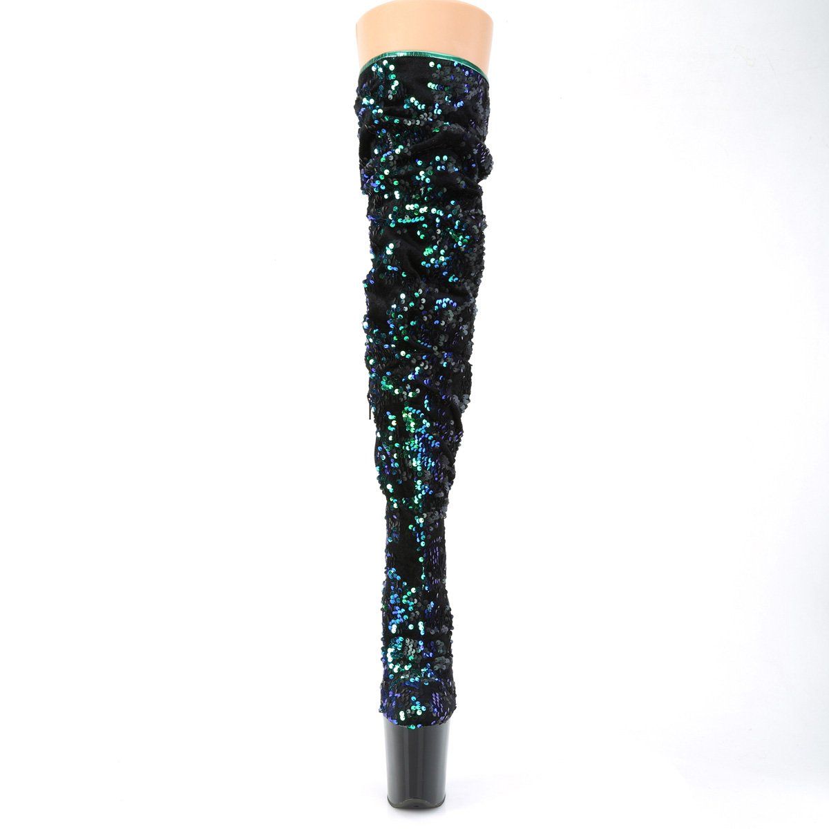 FLAMINGO-3004 Green Iridescent Sequins/Black Thigh Boot Pleaser