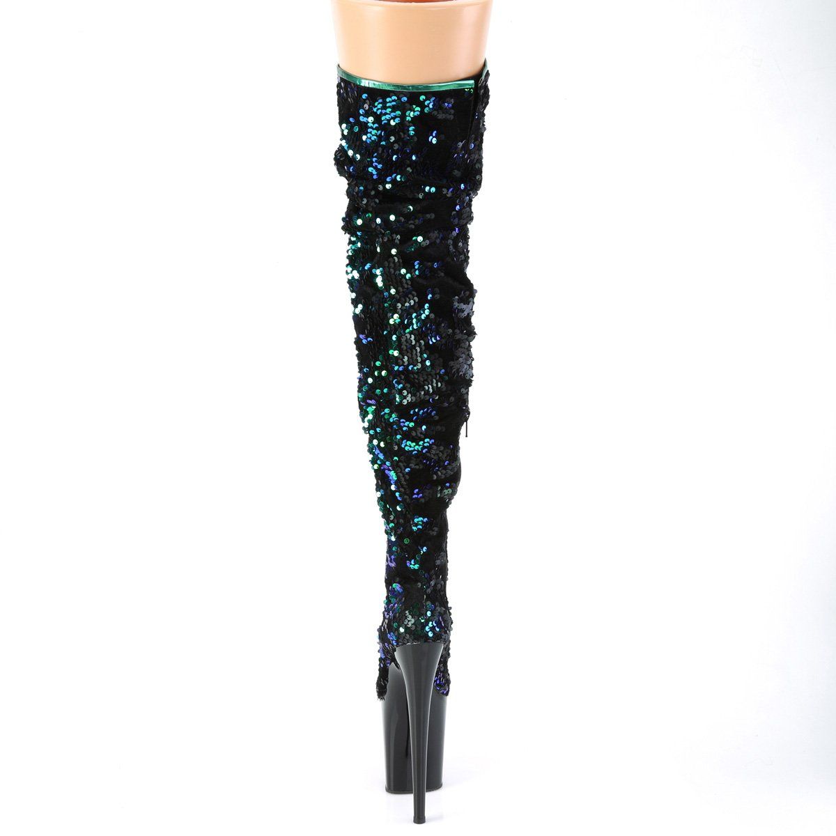 FLAMINGO-3004 Green Iridescent Sequins/Black Thigh Boot Pleaser