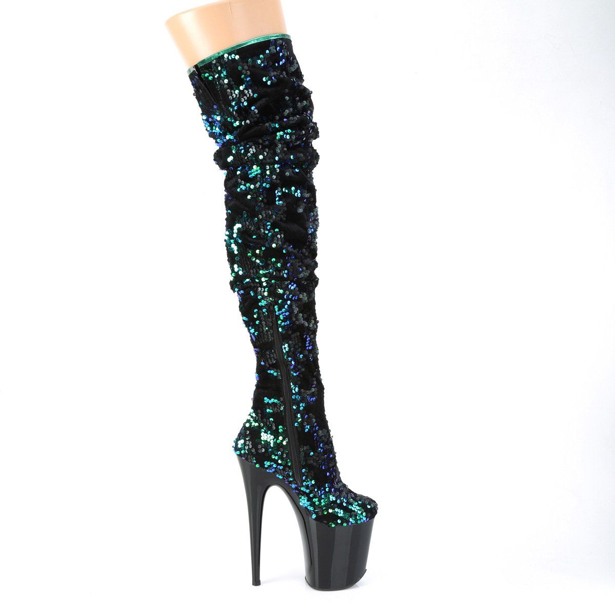 FLAMINGO-3004 Green Iridescent Sequins/Black Thigh Boot Pleaser