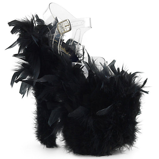 FLAMINGO-808F Clear/Black Marabou Feather Platform Sandal Pleaser