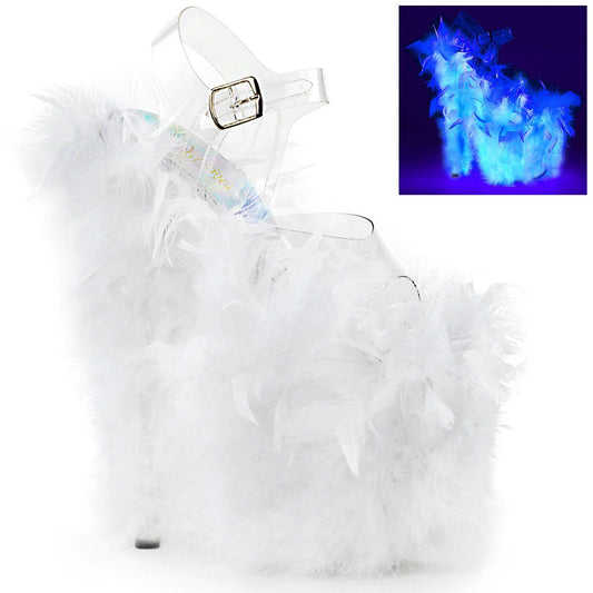 FLAMINGO-808F Clear/Neon White Marabou Feather Platform Sandal Pleaser