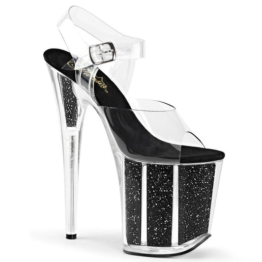 FLAMINGO-808G Clear/Black Glitter Platform Sandal Pleaser