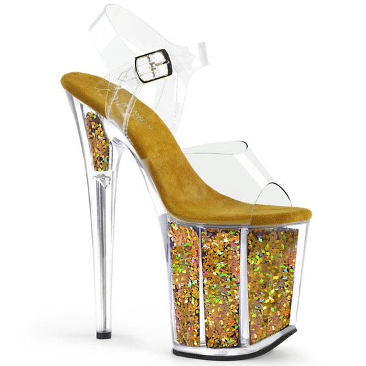 FLAMINGO-808GF Clear/Gold Multi Glitter Platform Sandal Pleaser