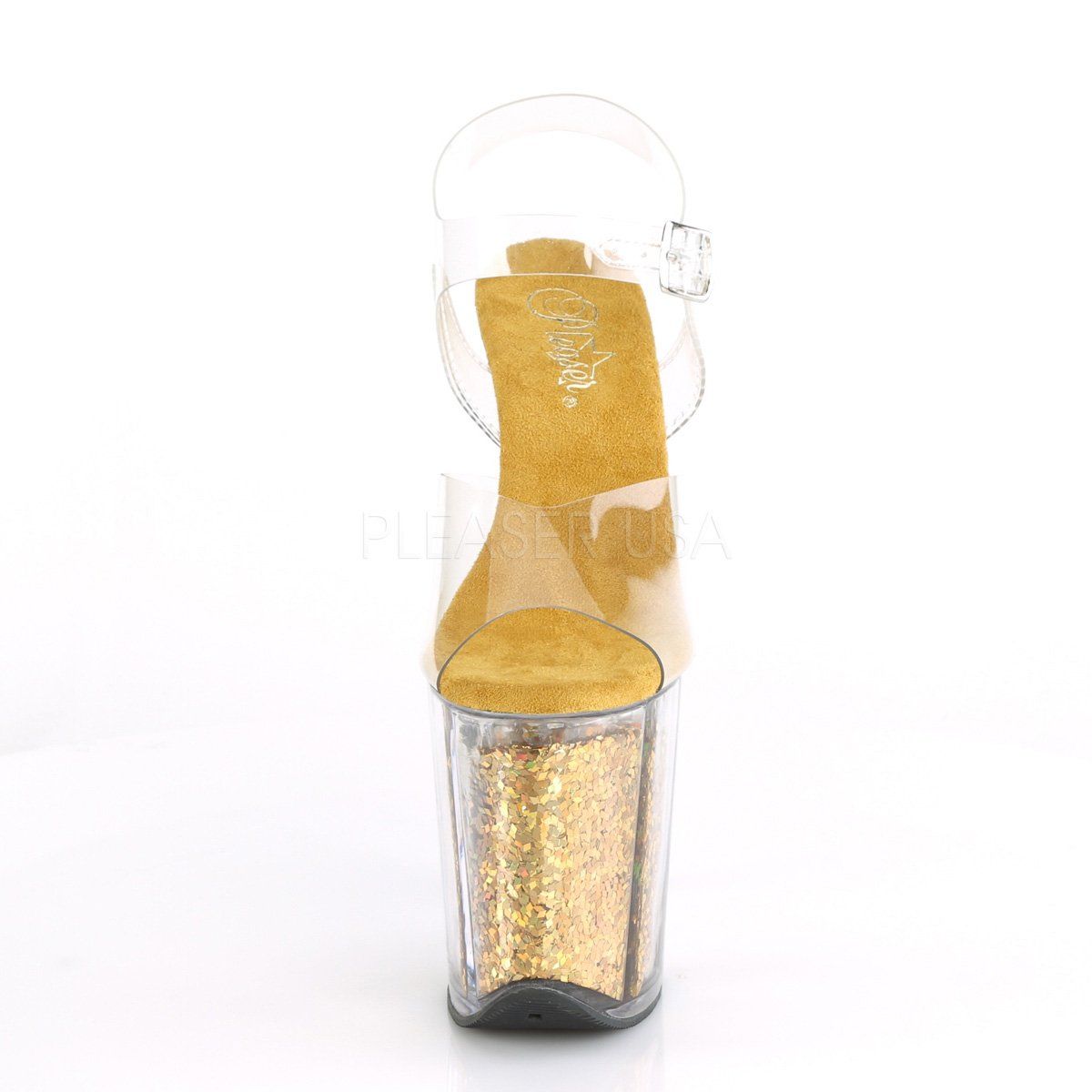 FLAMINGO-808GF Clear/Gold Multi Glitter Platform Sandal Pleaser