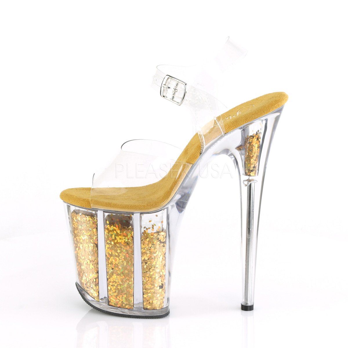 FLAMINGO-808GF Clear/Gold Multi Glitter Platform Sandal Pleaser