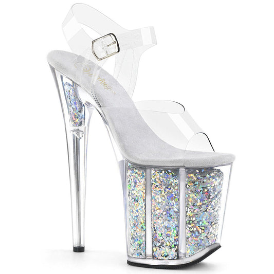 FLAMINGO-808GF Clear/Silver Multi Glitter Platform Sandal Pleaser
