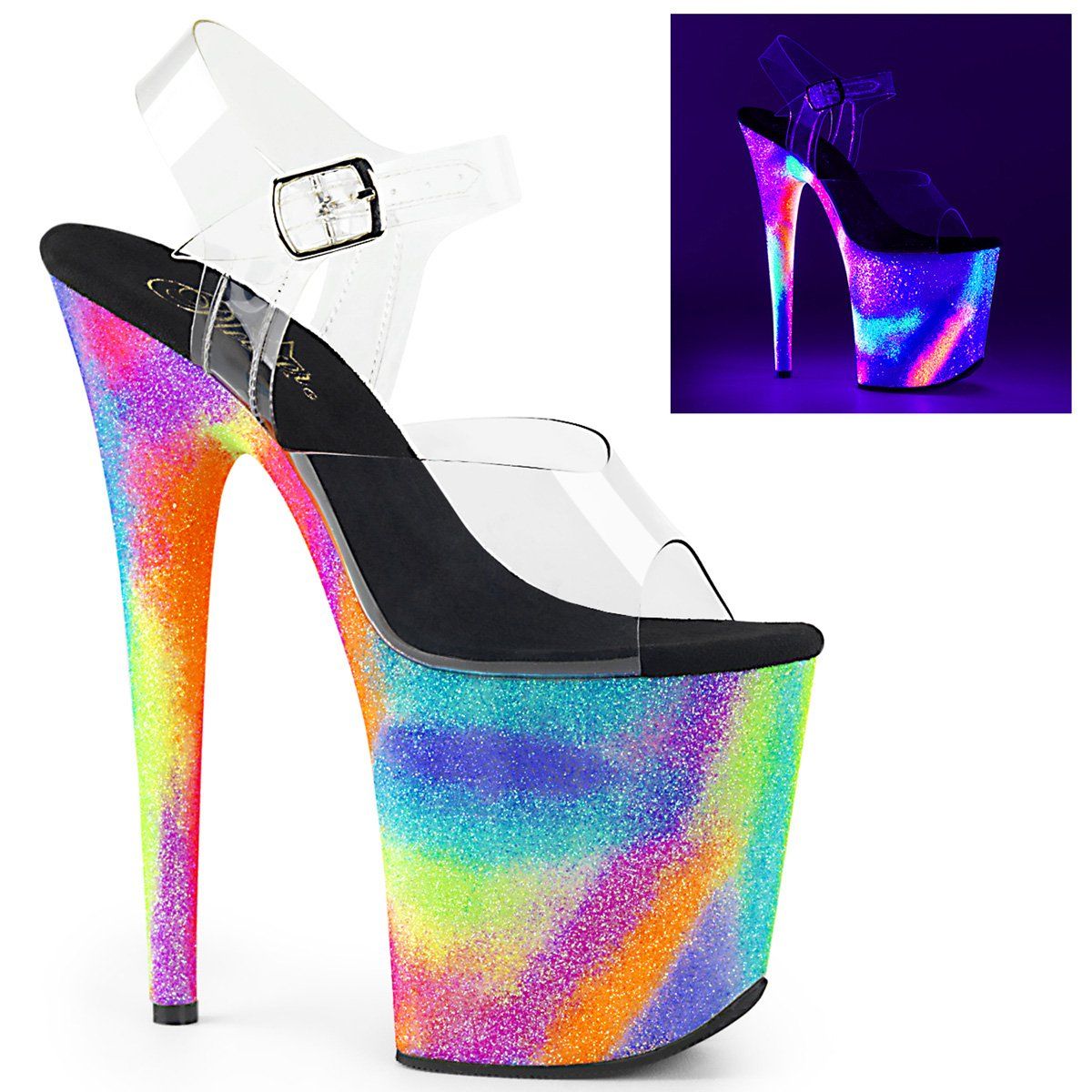 FLAMINGO-808GXY Clear/Neon Glitter Platform Sandal Pleaser