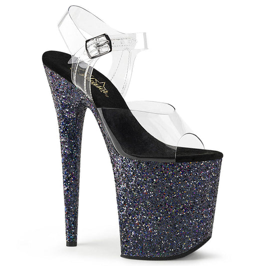 FLAMINGO-808LG Clear/Black Holo Glitter Platform Sandal Pleaser