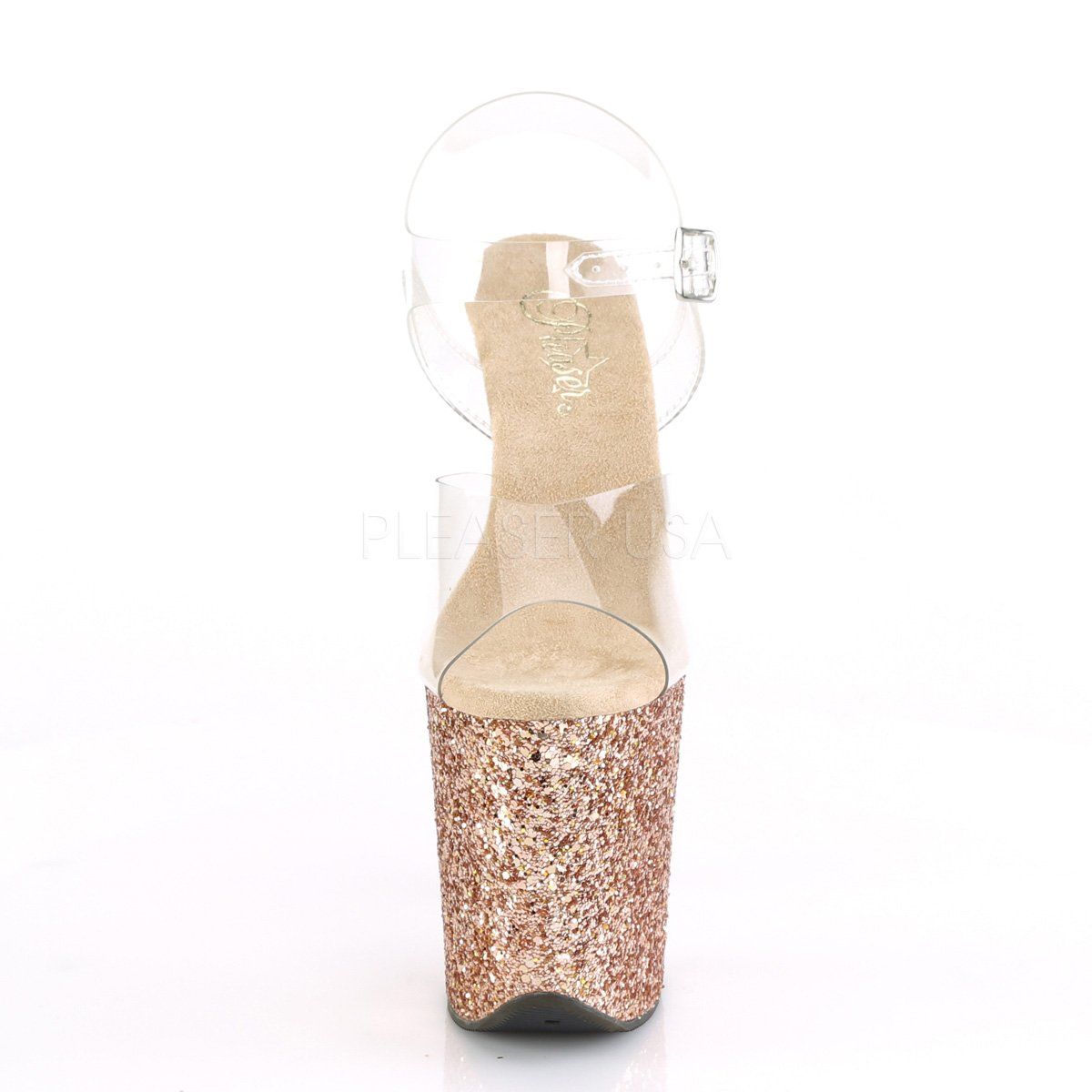FLAMINGO-808LG Clear/Rose Gold Holo Glitter Platform Sandal Pleaser