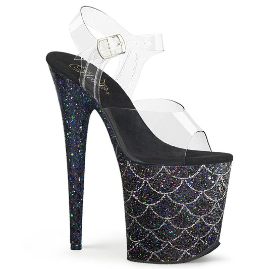 FLAMINGO-808MSLG Clear/Black Multi Glitter Platform Sandal Pleaser