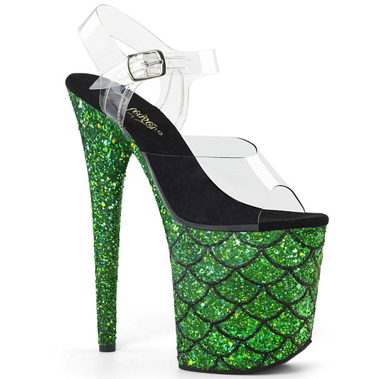 FLAMINGO-808MSLG Clear/Green Multi Glitter Platform Sandal Pleaser