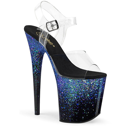 FLAMINGO-808SS Clear/Black-Blue Multi Glitter Platform Sandal Pleaser