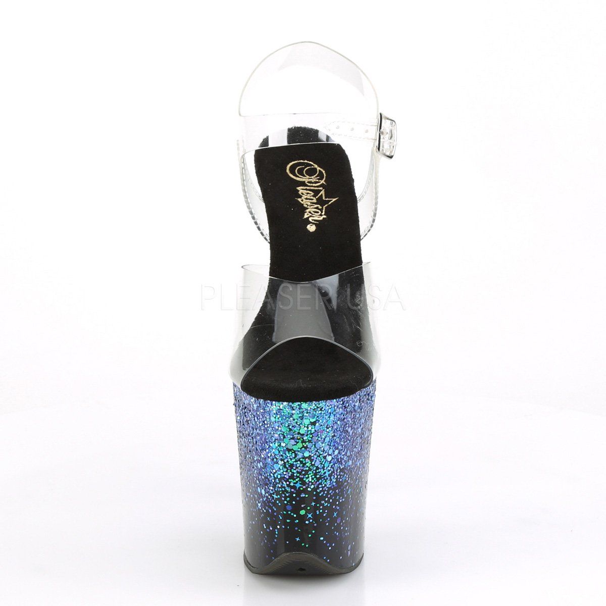 FLAMINGO-808SS Clear/Black-Blue Multi Glitter Platform Sandal Pleaser