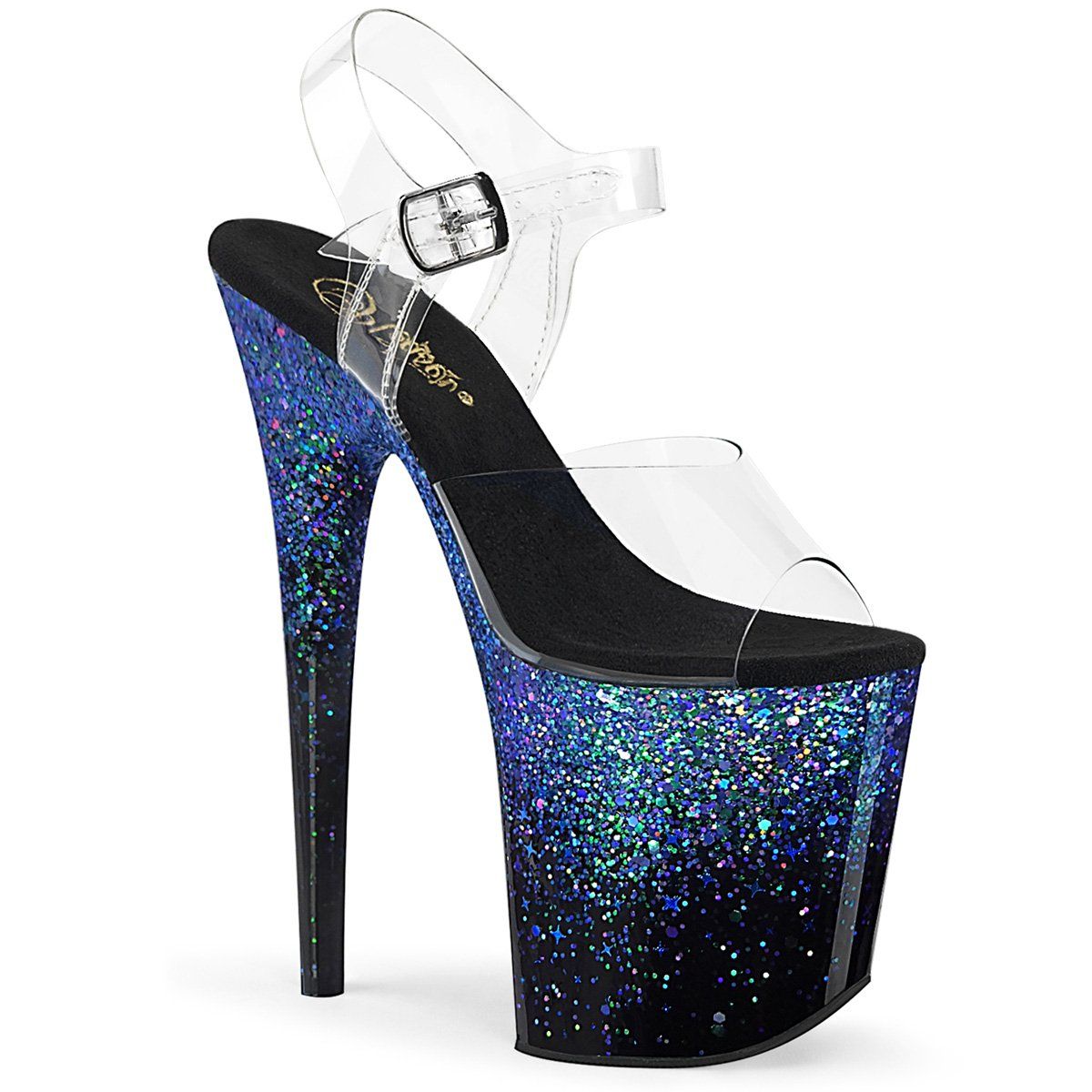 FLAMINGO-808SS Clear/Black-Blue Multi Glitter Platform Sandal Pleaser