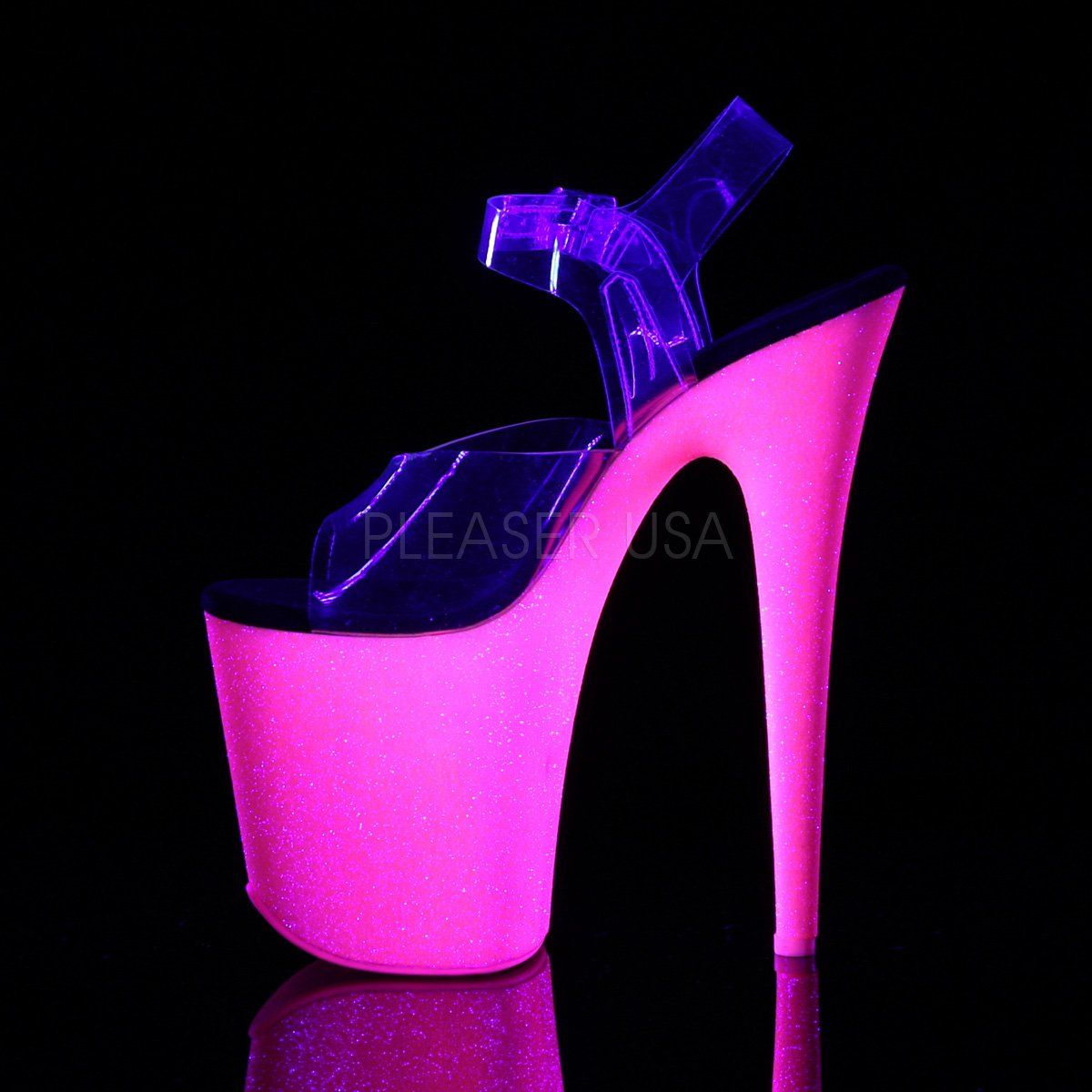 FLAMINGO-808UVG Clear/Neon Hot Pink Glitter Platform Sandal Pleaser